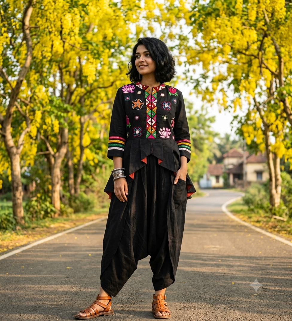 Floral Thread Embroidered Black Peplum Jacket and Dhoti set