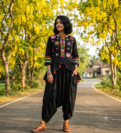 Floral Thread Embroidered Black Peplum Jacket and Dhoti set