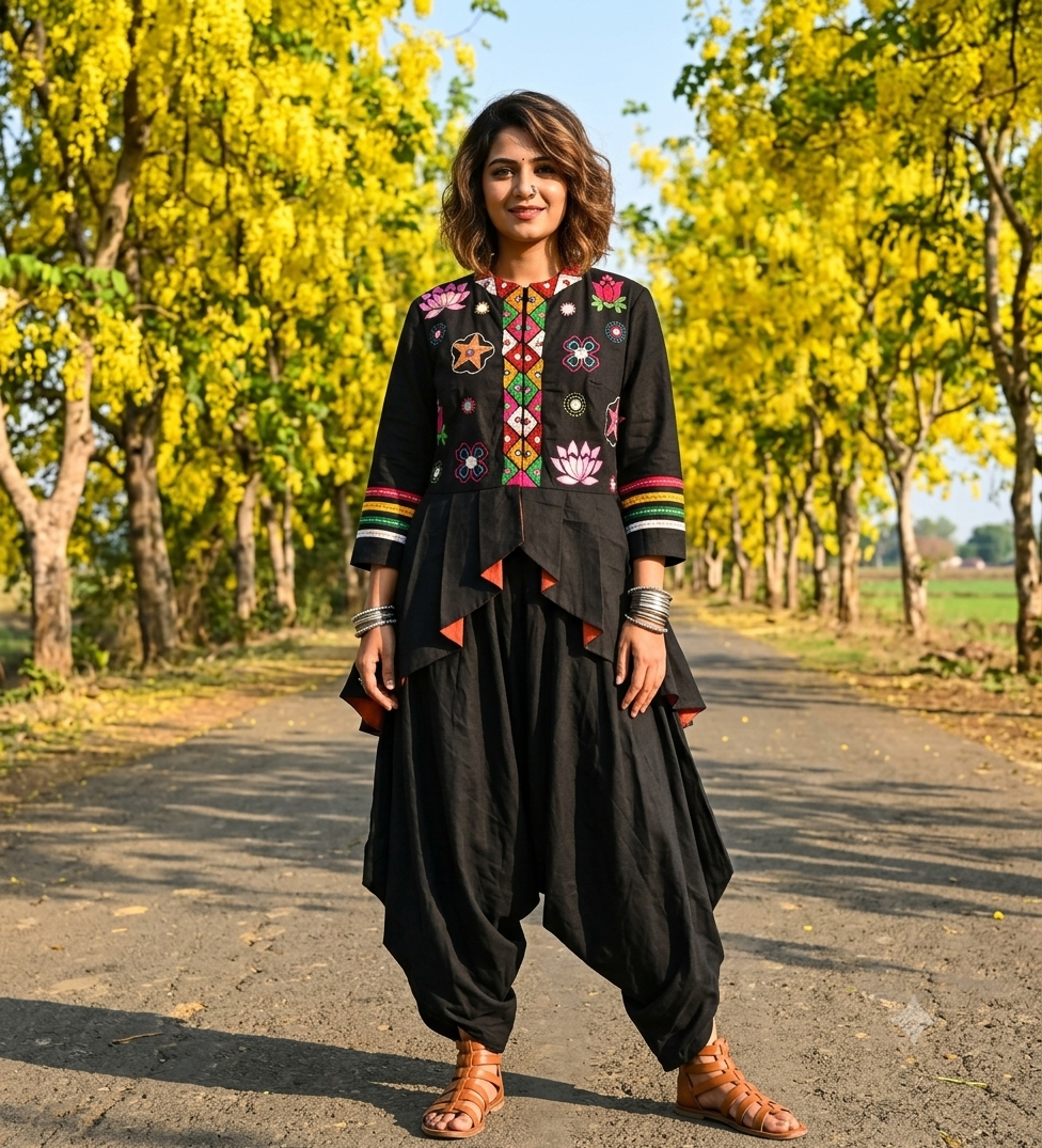 Floral Thread Embroidered Black Peplum Jacket and Dhoti set