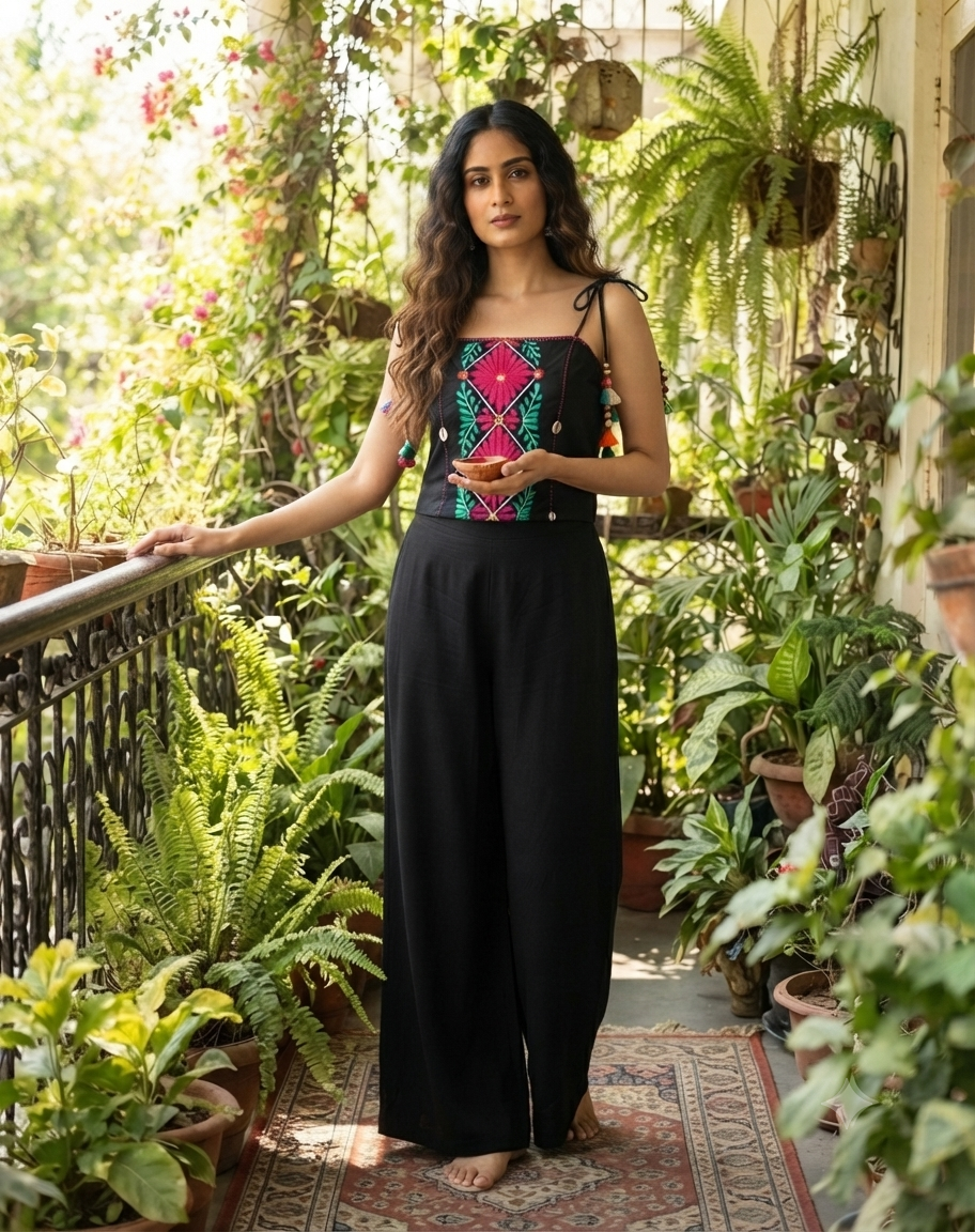Handcrafted Black Cotton Cord Set with Mirror & Thread Work | Artisan Co-ord Set
