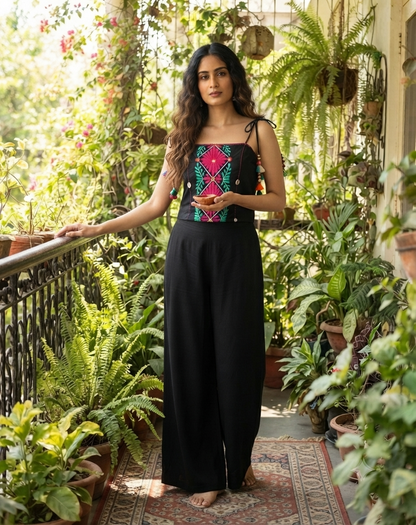 Handcrafted Black Cotton Cord Set with Mirror & Thread Work | Artisan Co-ord Set