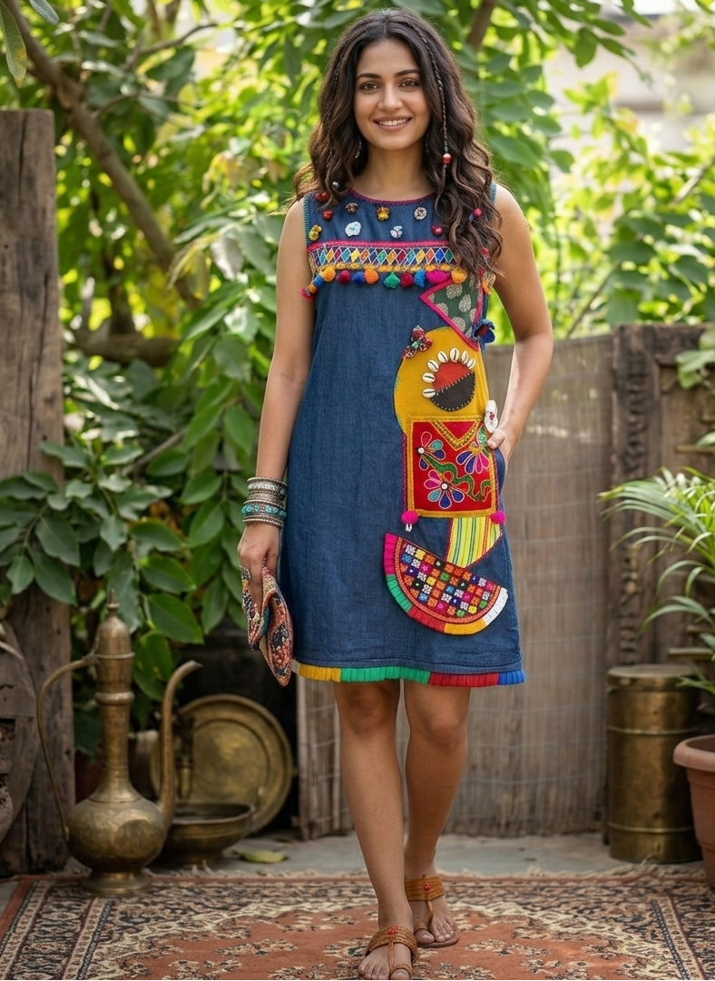 Denim Boho Dress with Kutchi Embroidery & Ruffles | Desi Kalakar
