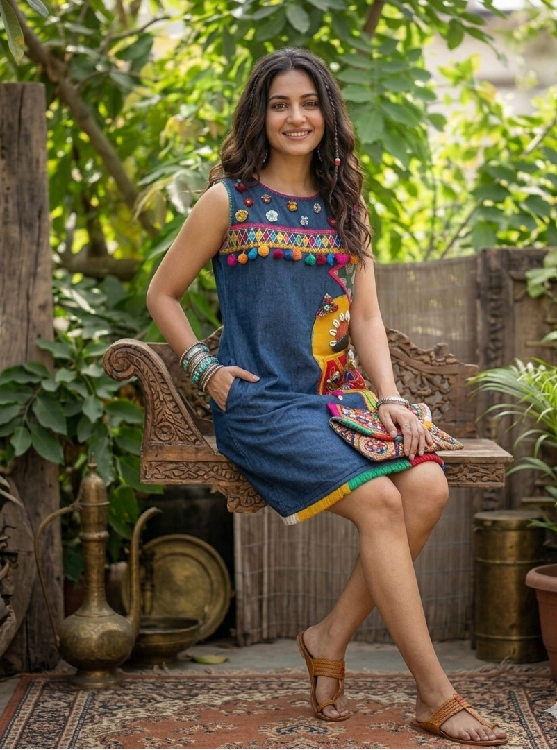 Denim Boho Dress with Kutchi Embroidery & Ruffles | Desi Kalakar