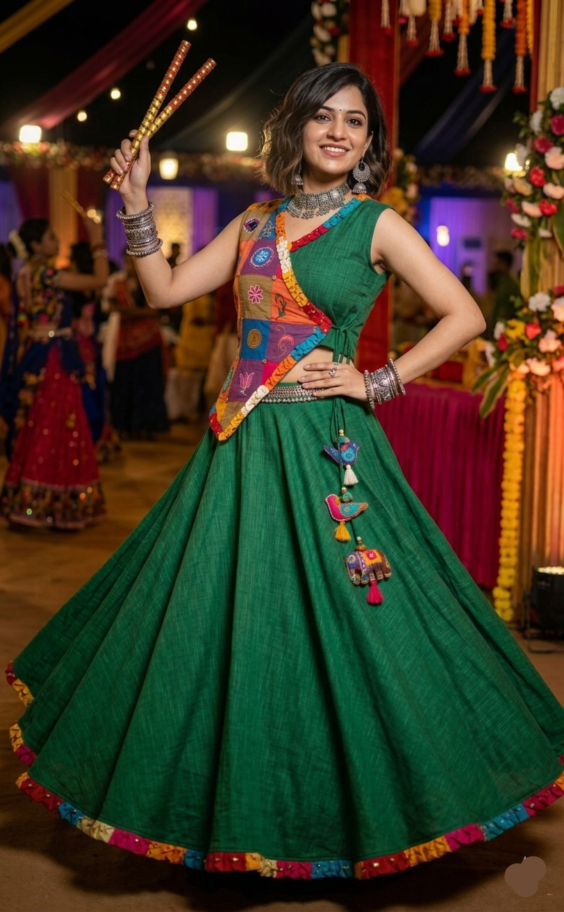 Handcrafted Emerald Green Patchwork Lehenga Set with Angrakha Style Blouse