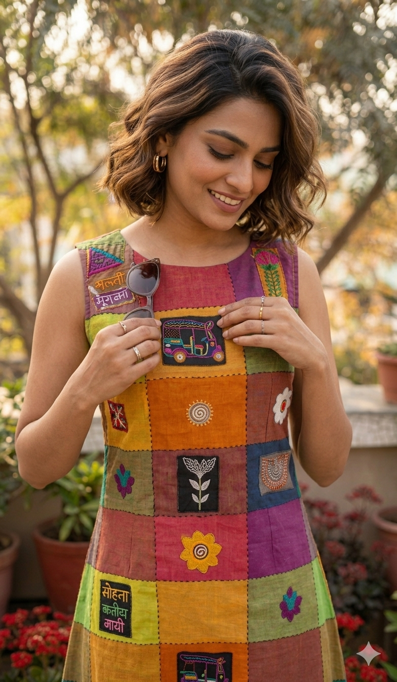 Multicolour-Checks  Dress with Hand Embroidery / Desi Kalakar