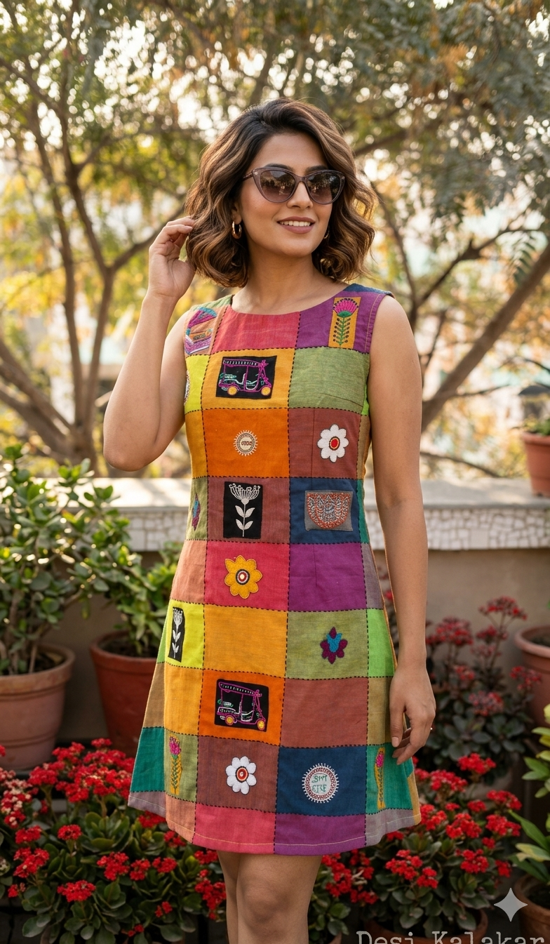 Multicolour-Checks  Dress with Hand Embroidery / Desi Kalakar
