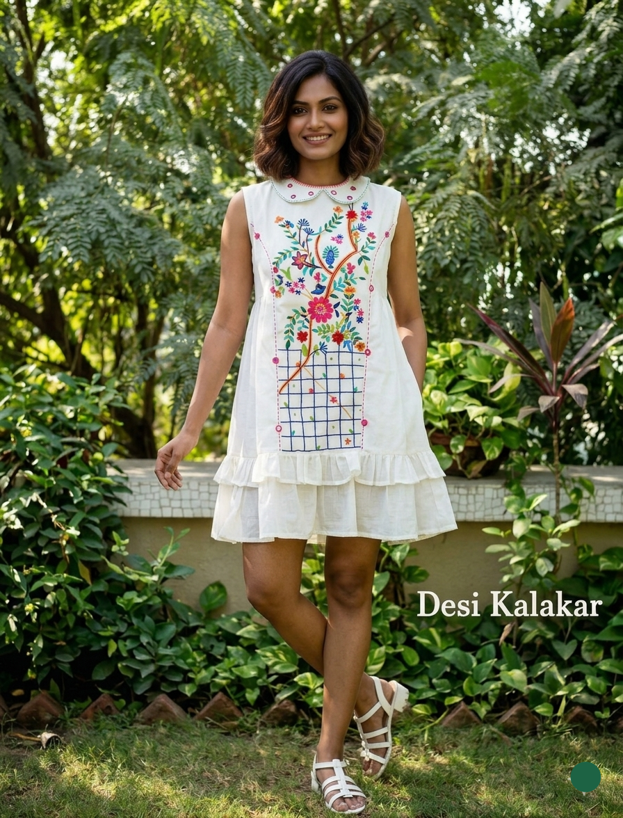 Woman wearing a white sleeveless chanderi mini dress with colorful floral threadwork, mirror embroidery, and Peter Pan collar