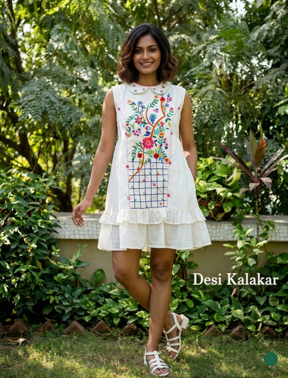 Woman wearing a white sleeveless chanderi mini dress with colorful floral threadwork, mirror embroidery, and Peter Pan collar