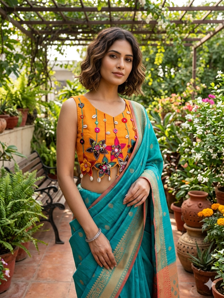 Mustard Handcrafted Patchwork Blouse with 3D Flowers & Shells / Desi Kalakar