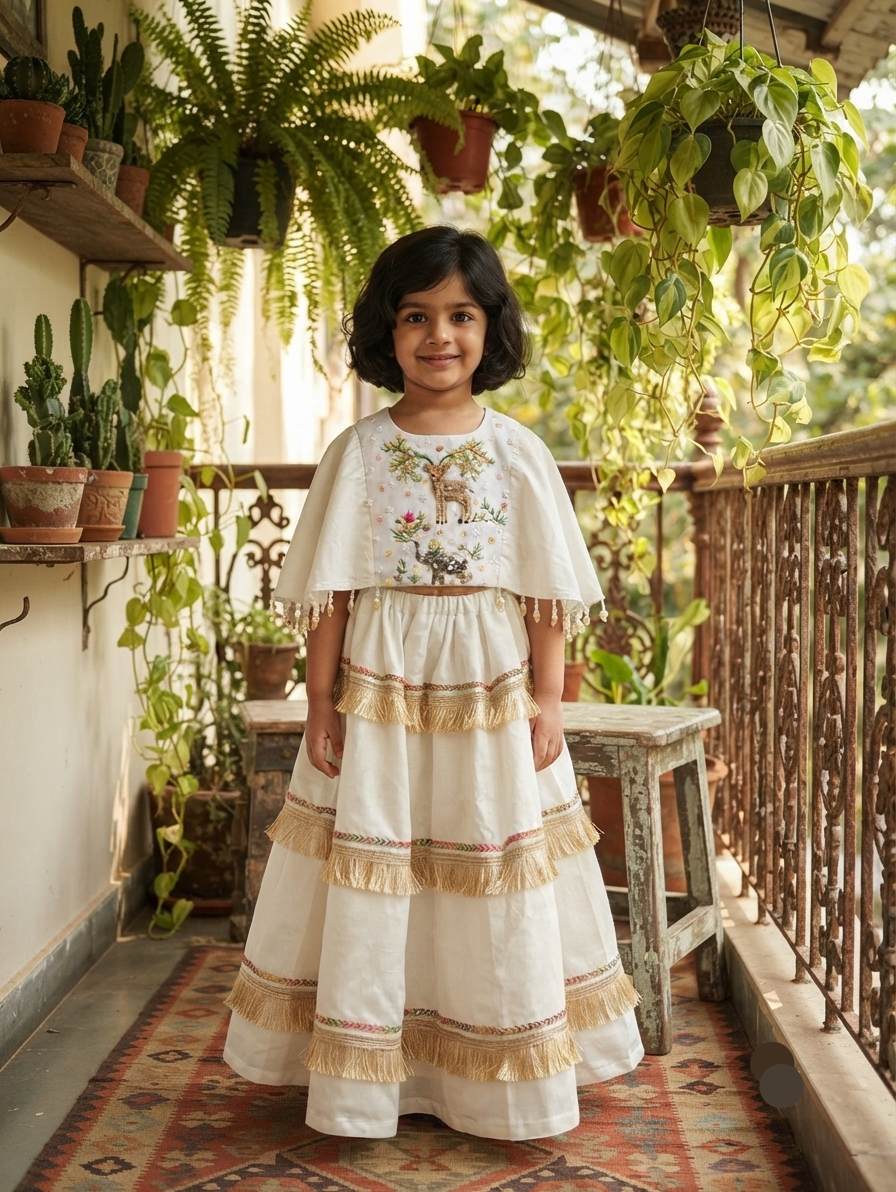 Handcrafted Ivory Zardozi & Fringe Festive Lehenga Set for Girls | Desi Kalakar