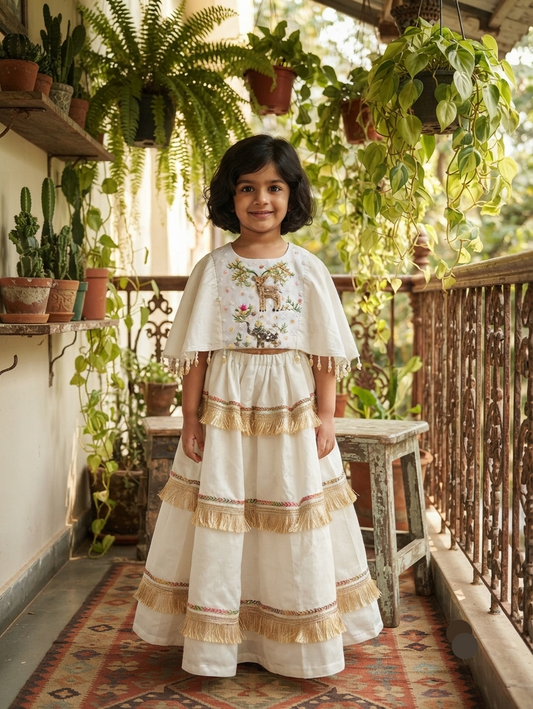Handcrafted Ivory Zardozi & Fringe Festive Lehenga Set for Girls | Desi Kalakar