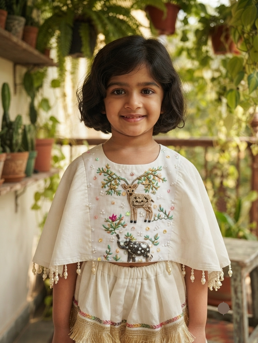 Handcrafted Ivory Zardozi & Fringe Festive Lehenga Set for Girls | Desi Kalakar