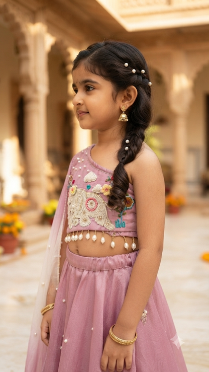 Handcrafted Pastel Pink One-Shoulder Designer Lehenga Set for Girls | Desi Kalakar