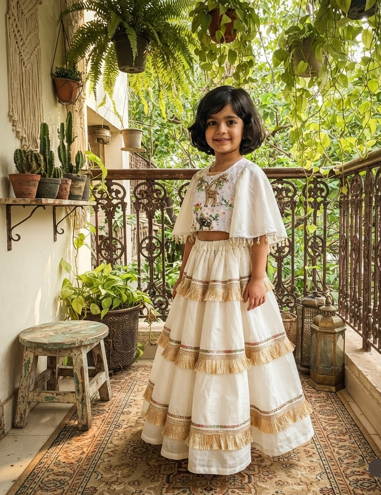 Handcrafted Ivory Zardozi & Fringe Festive Lehenga Set for Girls | Desi Kalakar