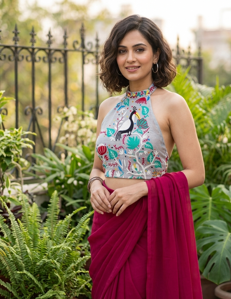 A woman wearing a grey halter-neck blouse adorned with colorful hand-embroidered tropical flowers and a white-and-black toucan bird motif, paired with a magenta saree.