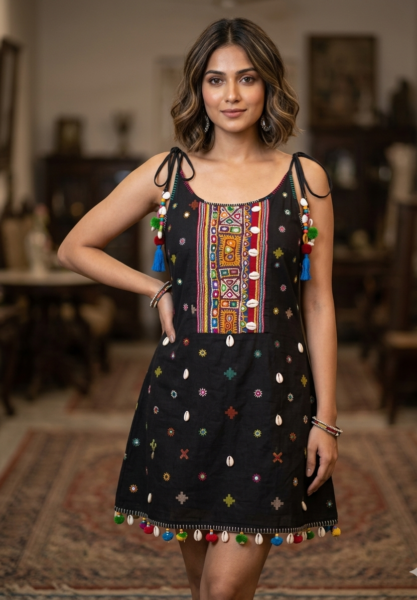 Woman wearing a black cotton sleeveless mini dress with thread embroidery, mirror work, 3D shells, and colorful tassel latkans