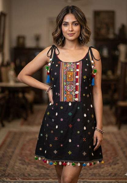 Woman wearing a black cotton sleeveless mini dress with thread embroidery, mirror work, 3D shells, and colorful tassel latkans