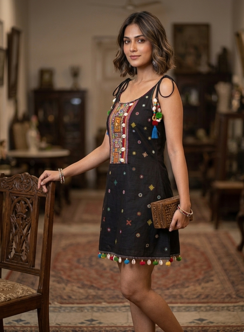 Woman wearing a black cotton sleeveless mini dress with thread embroidery, mirror work, 3D shells, and colorful tassel latkans