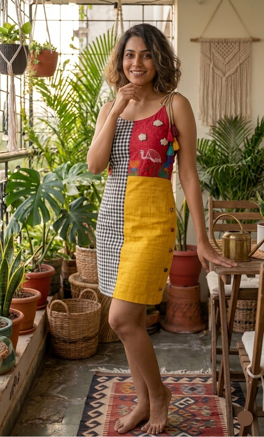 Handcrafted color-blocked cotton mini dress with black and white gingham, red embroidered crane panel, mustard yellow skirt, and colorful tassels on a hanger