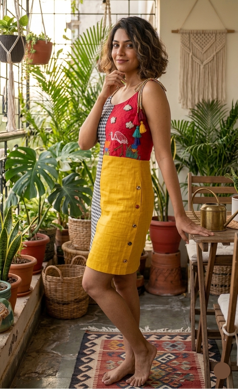 Handcrafted color-blocked cotton mini dress with black and white gingham, red embroidered crane panel, mustard yellow skirt, and colorful tassels on a hanger