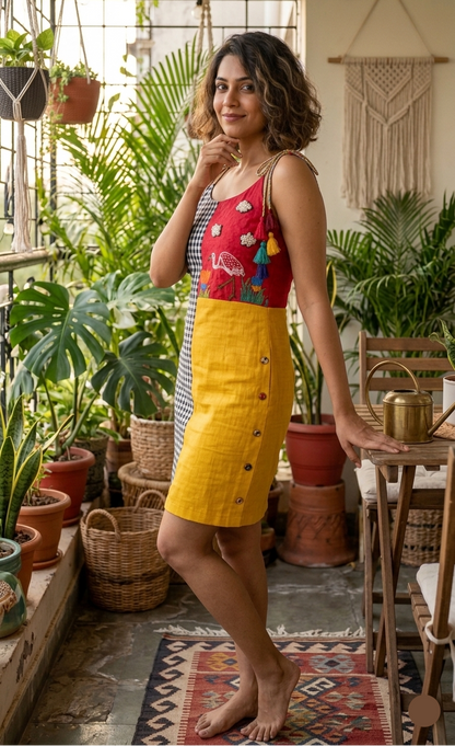Handcrafted color-blocked cotton mini dress with black and white gingham, red embroidered crane panel, mustard yellow skirt, and colorful tassels on a hanger