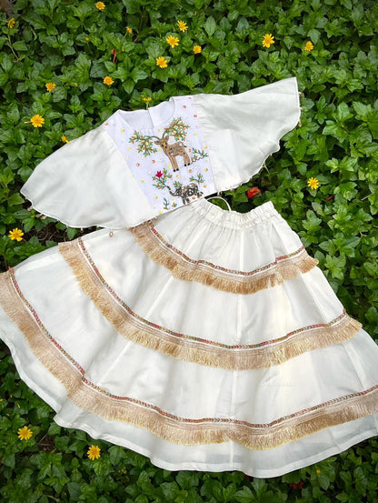 Little girl wearing a handcrafted ivory zardozi embroidered top and tiered fringe lehenga set by Desi Kalakar.