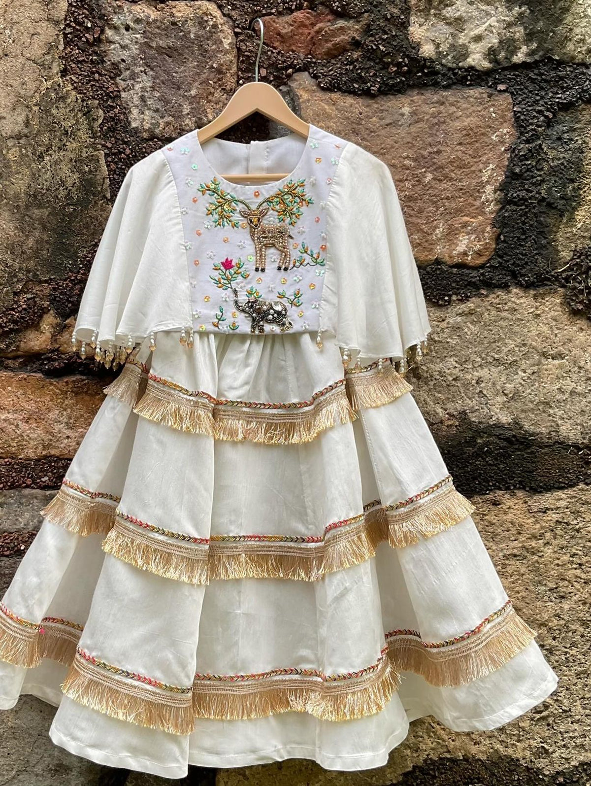 Handcrafted Ivory Zardozi & Fringe Festive Lehenga Set for Girls | Desi Kalakar