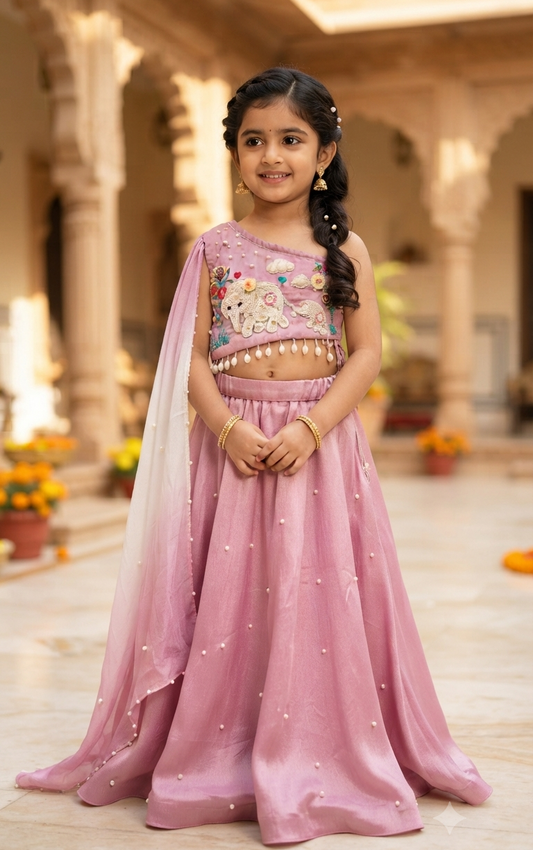Handcrafted Pastel Pink One-Shoulder Designer Lehenga Set for Girls | Desi Kalakar