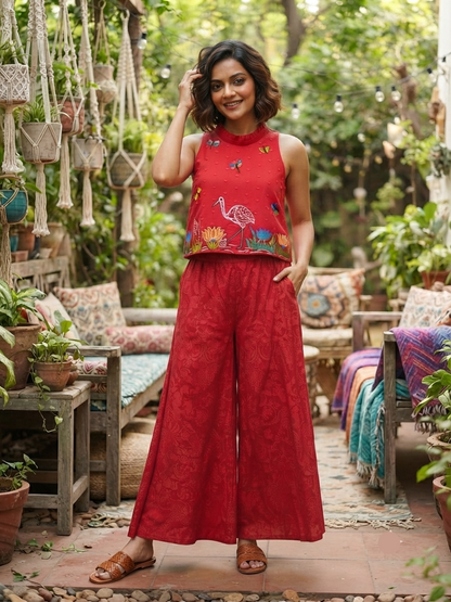 Model wearing a vibrant red cotton dobby cord set with sleeveless top featuring handcrafted thread embroidery, mirror, and sequin work, paired with matching wide-leg trousers.