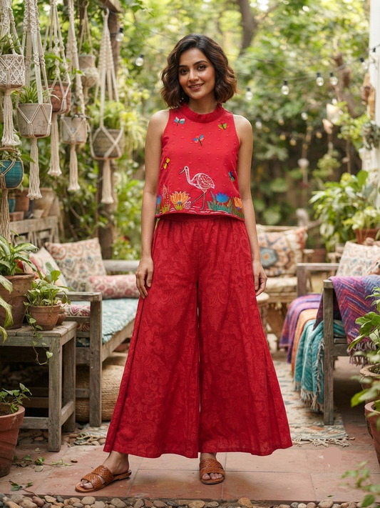 Model wearing a vibrant red cotton dobby cord set with sleeveless top featuring handcrafted thread embroidery, mirror, and sequin work, paired with matching wide-leg trousers.