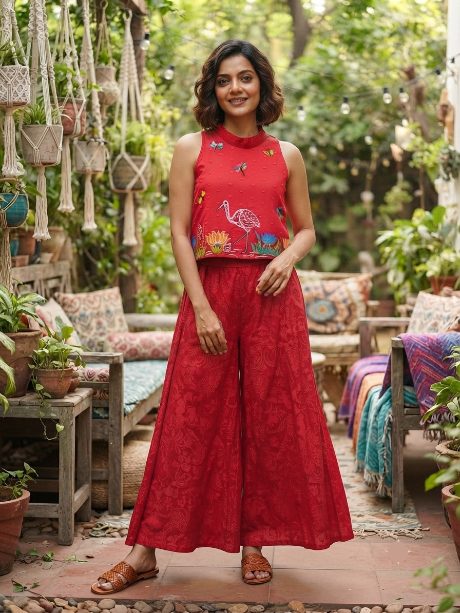 Model wearing a vibrant red cotton dobby cord set with sleeveless top featuring handcrafted thread embroidery, mirror, and sequin work, paired with matching wide-leg trousers.