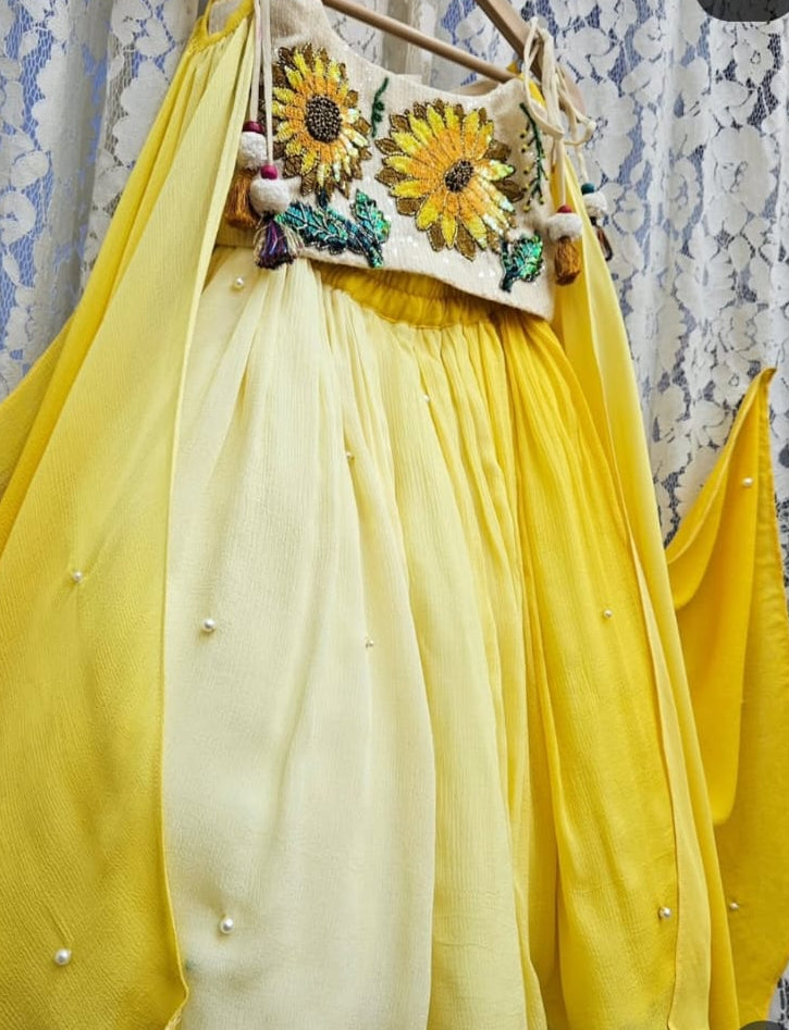 Sunlit Blossom Handcrafted Sunflower Lehenga Set for Little Girls