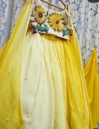 Sunlit Blossom Handcrafted Sunflower Lehenga Set for Little Girls