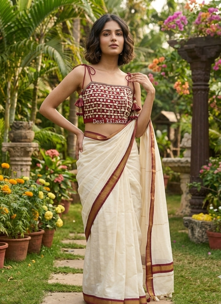 Maroon noodle strap blouse with cowrie shell and metal coin embroidery paired with a saree
