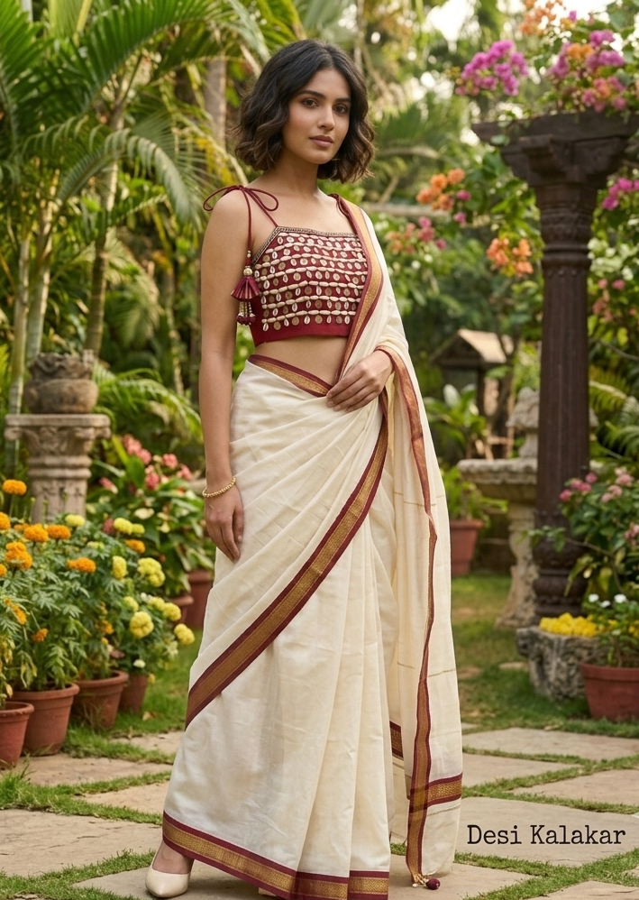 Maroon noodle strap blouse with cowrie shell and metal coin embroidery paired with a saree