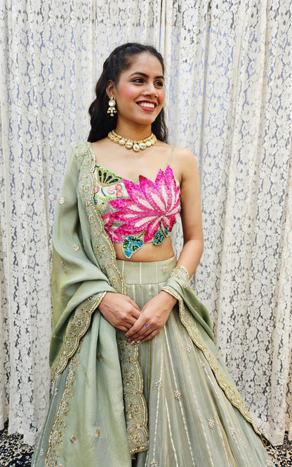 Lotus in a Pond  Lehenga Set  - Moss Green
