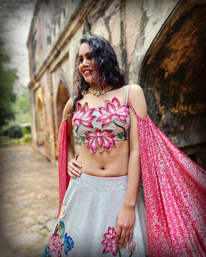 Silver 'Lotus in A Pond' sequin handwork  Lehenga Set
