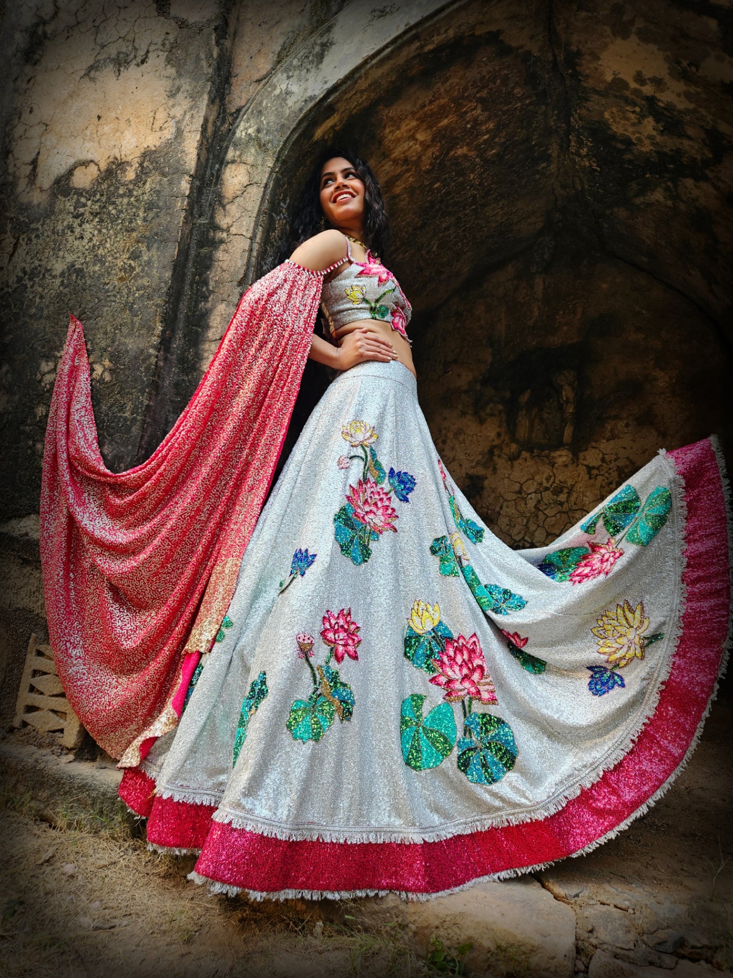 Silver 'Lotus in A Pond' sequin handwork  Lehenga Set