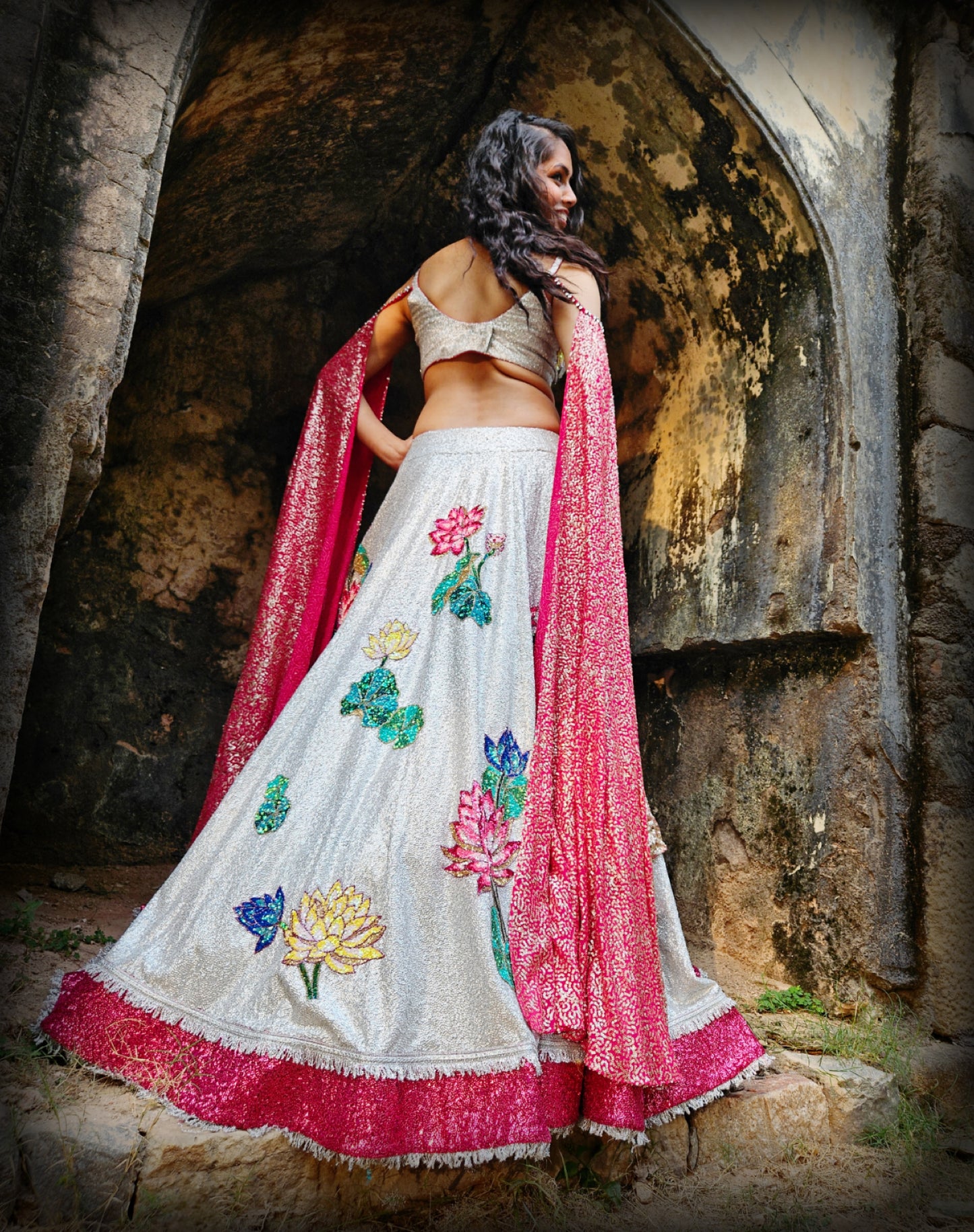 Silver 'Lotus in A Pond' sequin handwork  Lehenga Set