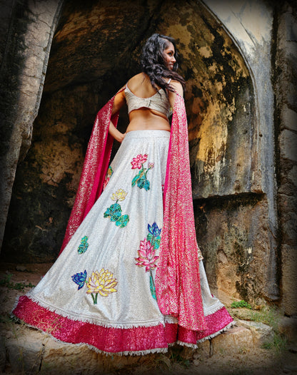 Silver 'Lotus in A Pond' sequin handwork  Lehenga Set
