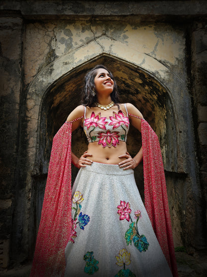 Silver 'Lotus in A Pond' sequin handwork  Lehenga Set