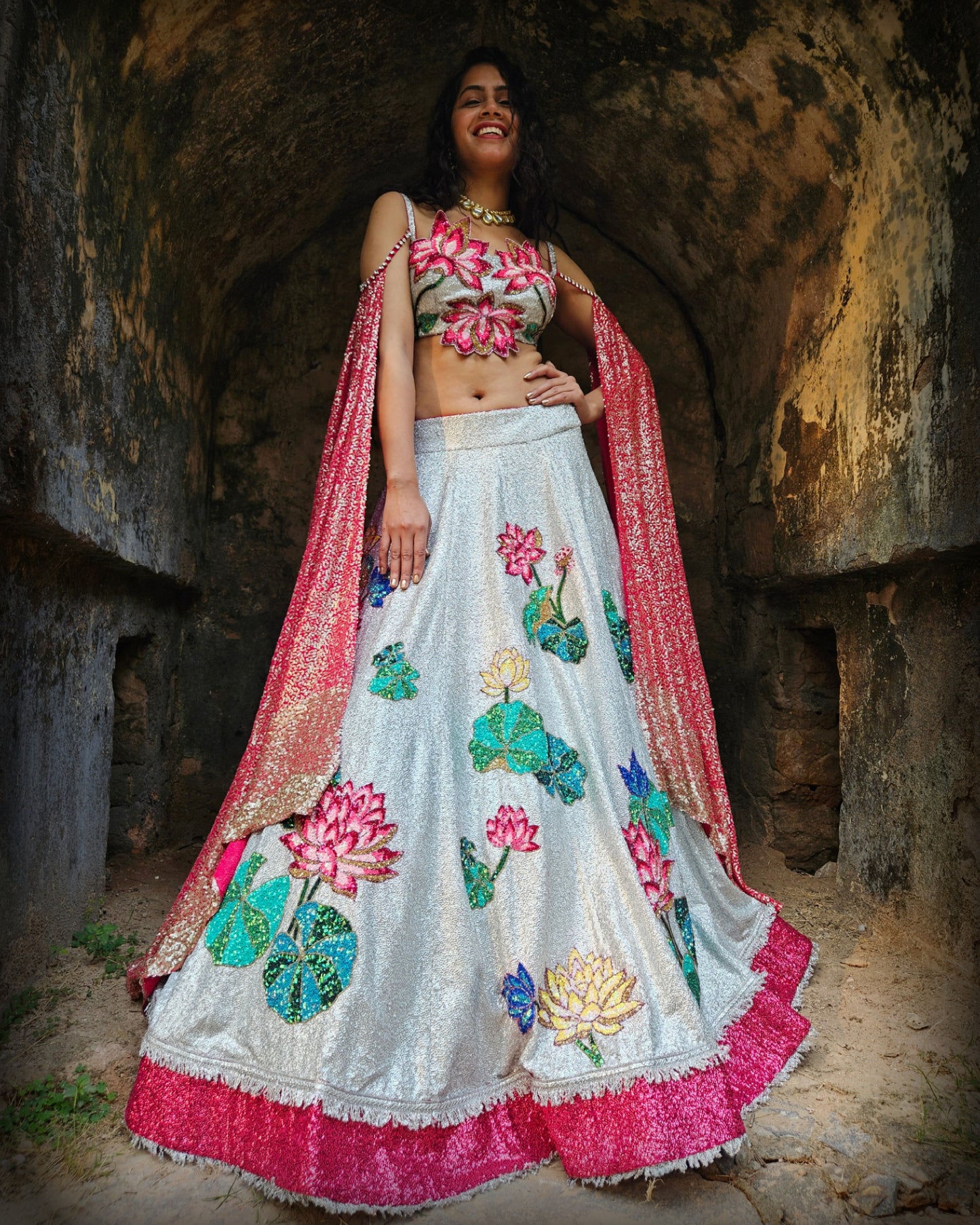 Silver 'Lotus in A Pond' sequin handwork  Lehenga Set