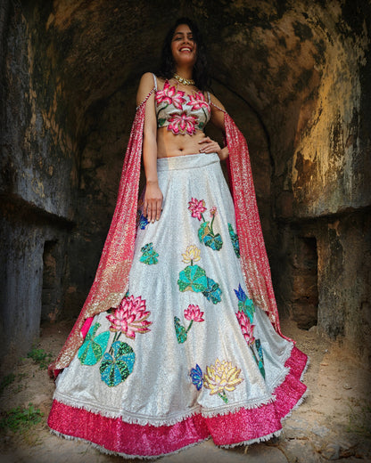 Silver 'Lotus in A Pond' sequin handwork  Lehenga Set