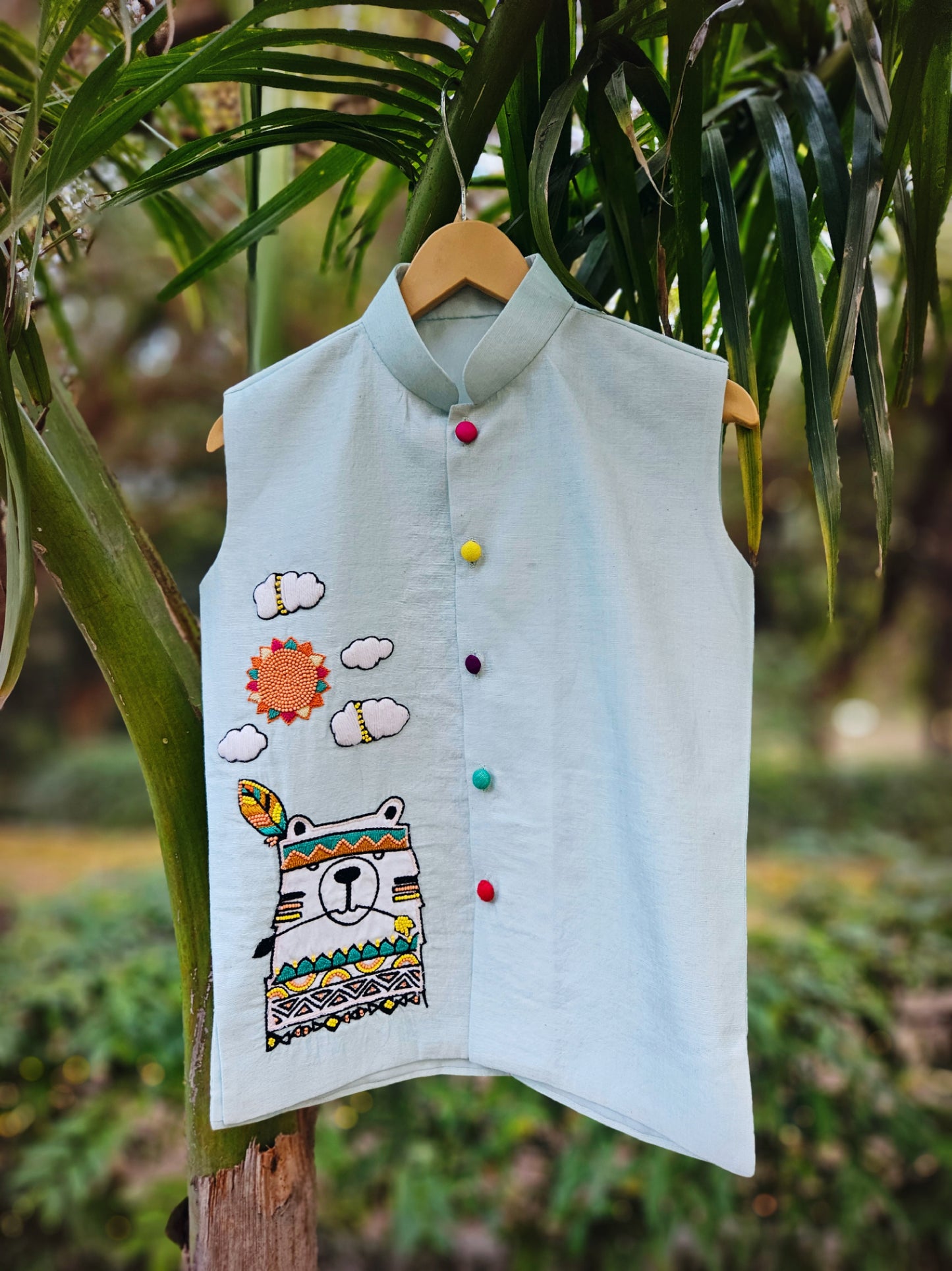 Ice Blue Playful Hunter Boys Waist Jacket (Bundi)