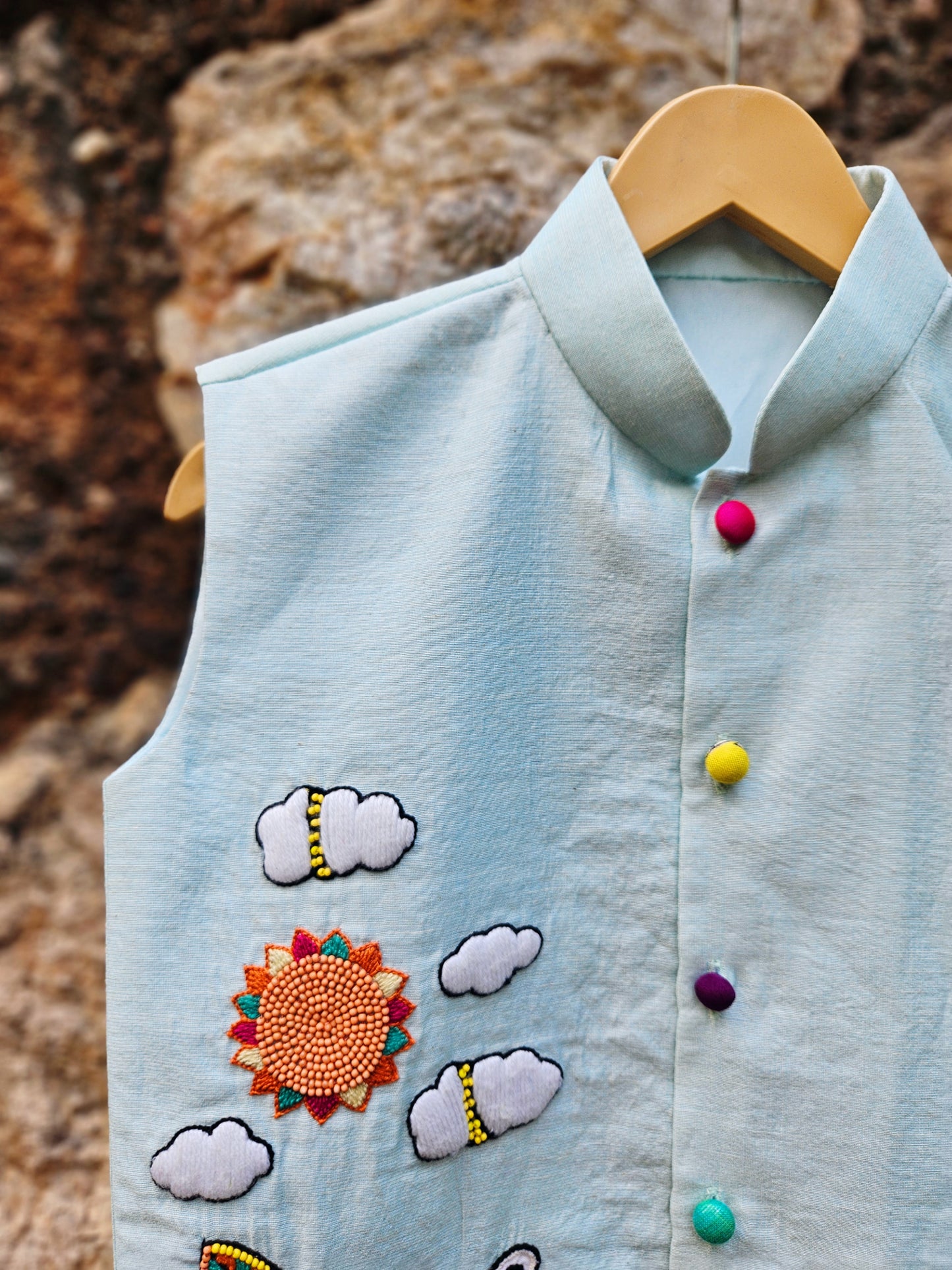 Ice Blue Playful Hunter Boys Waist Jacket (Bundi)