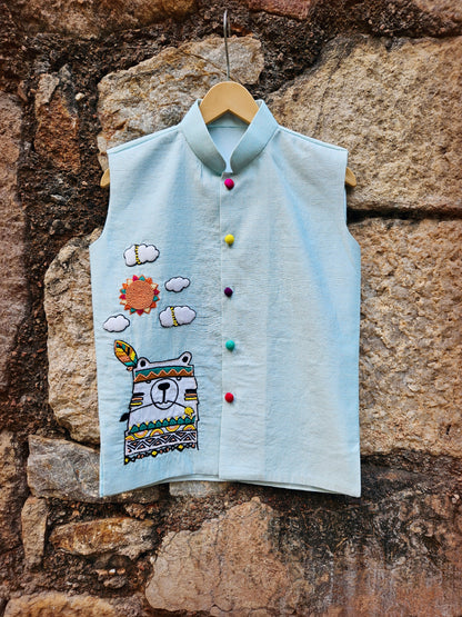 Ice Blue Playful Hunter Boys Waist Jacket (Bundi)