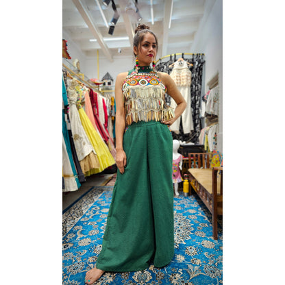 The bling Kuttchi’s embroidery and gold sequin top and flared pant set green
