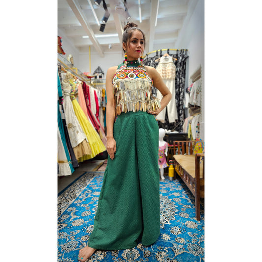The bling Kuttchi’s embroidery and gold sequin top and flared pant set green
