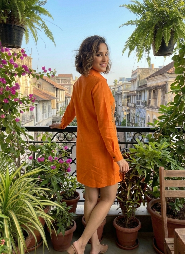 Woman in an orange dress standing 