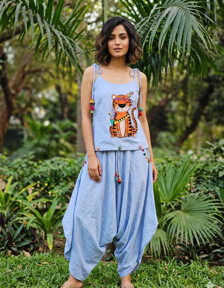 Woman wearing a blue outfit with a tiger design in a garden setting
